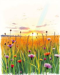 A hand-drawn color sketchnote depicting a spring wildflower meadow at sunset. The artwork places a strong emphasis on volumet