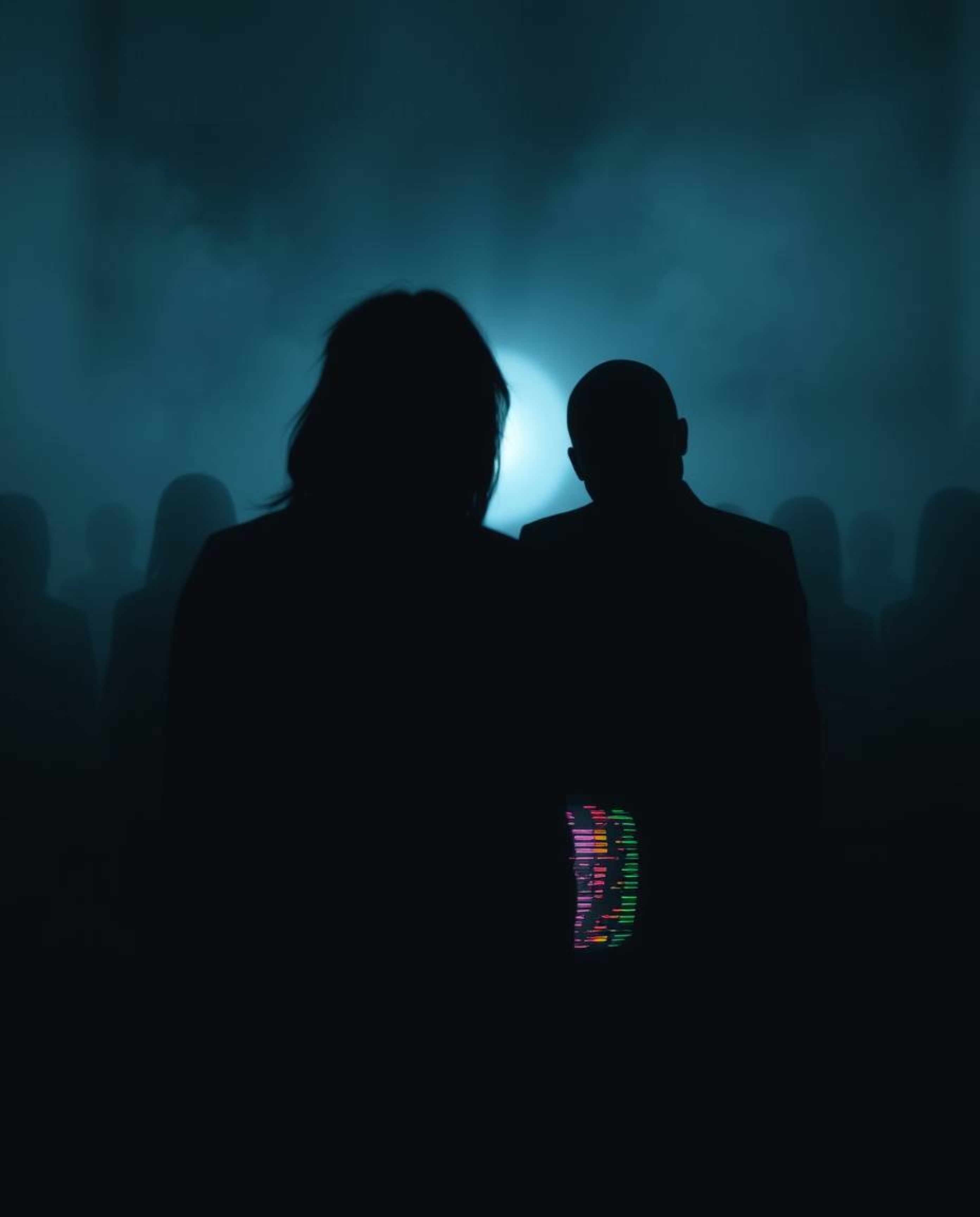 Experience an eerie and creepy atmosphere with this retro-style image. Silhouetted figures are backlit, highlighting a TV scr