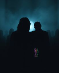 Experience an eerie and creepy atmosphere with this retro-style image. Silhouetted figures are backlit, highlighting a TV scr