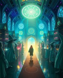 Explore a magical school teeming with young wizards, rendered in a futuristic sci-fi style with an ethereal spiritual vibe. I
