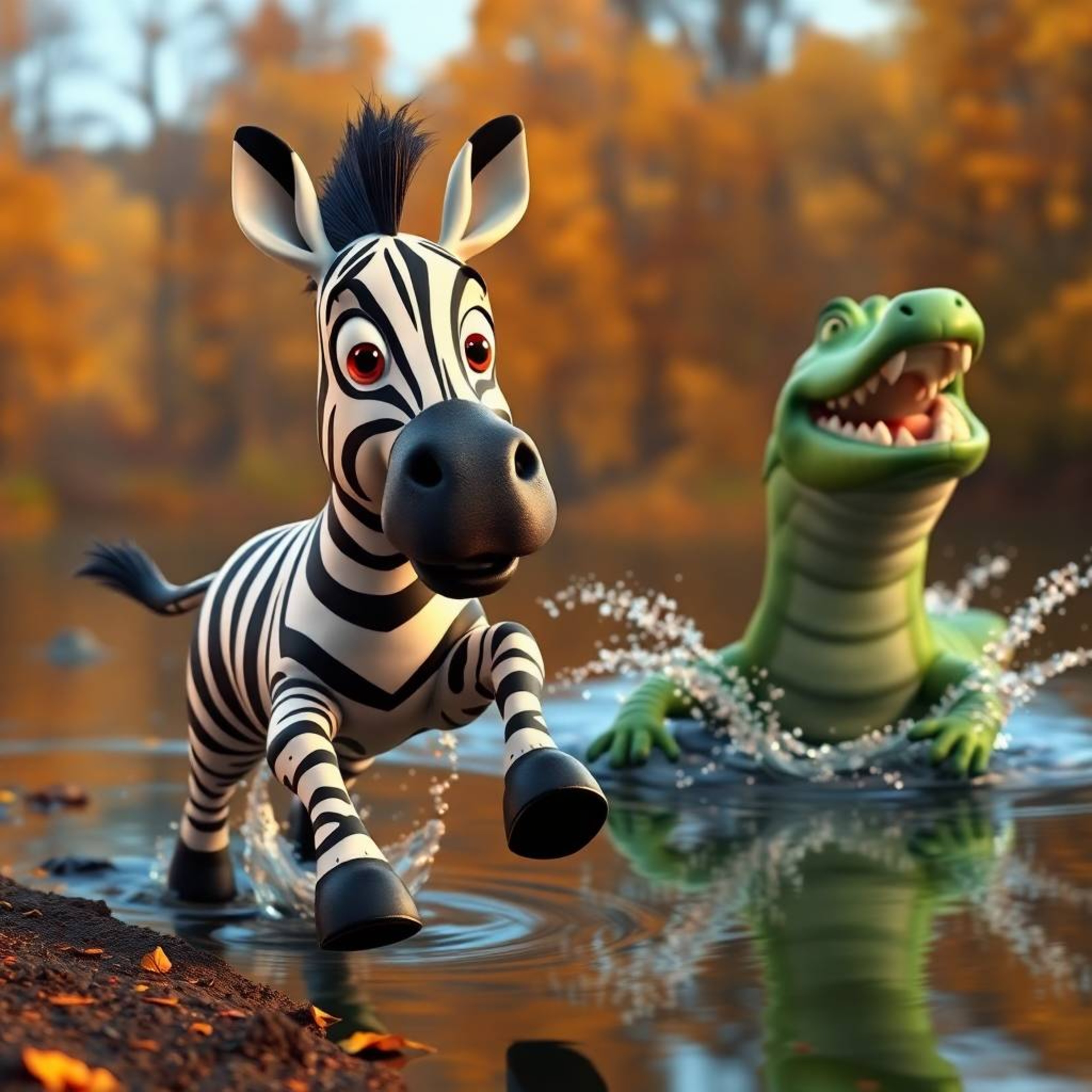 A heartwarming yet suspenseful 3D animation scene featuring a cartoon zebra and a friendly crocodile. Bathed in warm autumn c