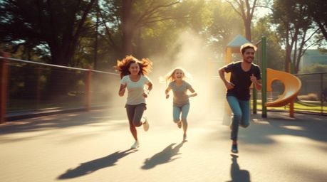 Experience a dramatic slow-motion run through a vibrant playground, bathed in gentle, soft light.  The video evokes a mystica