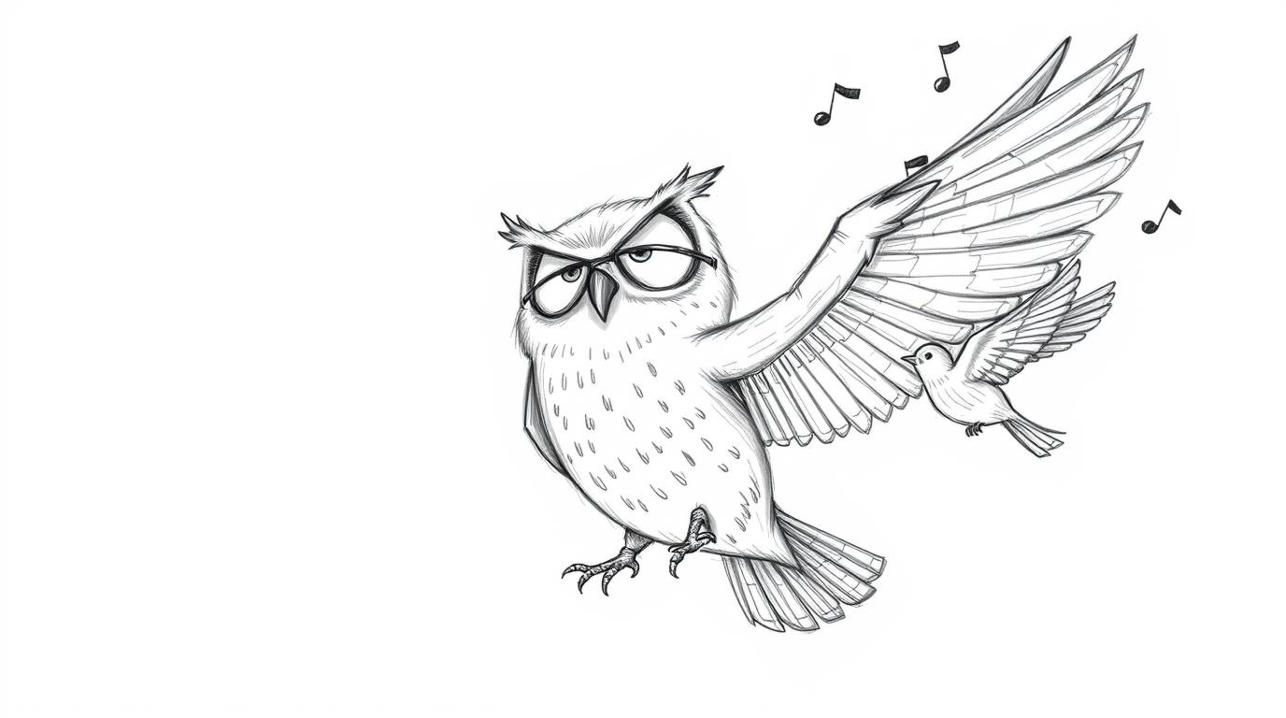 A charming Pixar-style hand-drawn sketch depicts a blind owl with soft features lovingly teaching a flock of birds how to fly