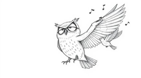 A charming Pixar-style hand-drawn sketch depicts a blind owl with soft features lovingly teaching a flock of birds how to fly