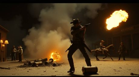 Experience a classic exploding TNT gag set against the backdrop of the wild west, presented in a dramatic cinematic style. Th