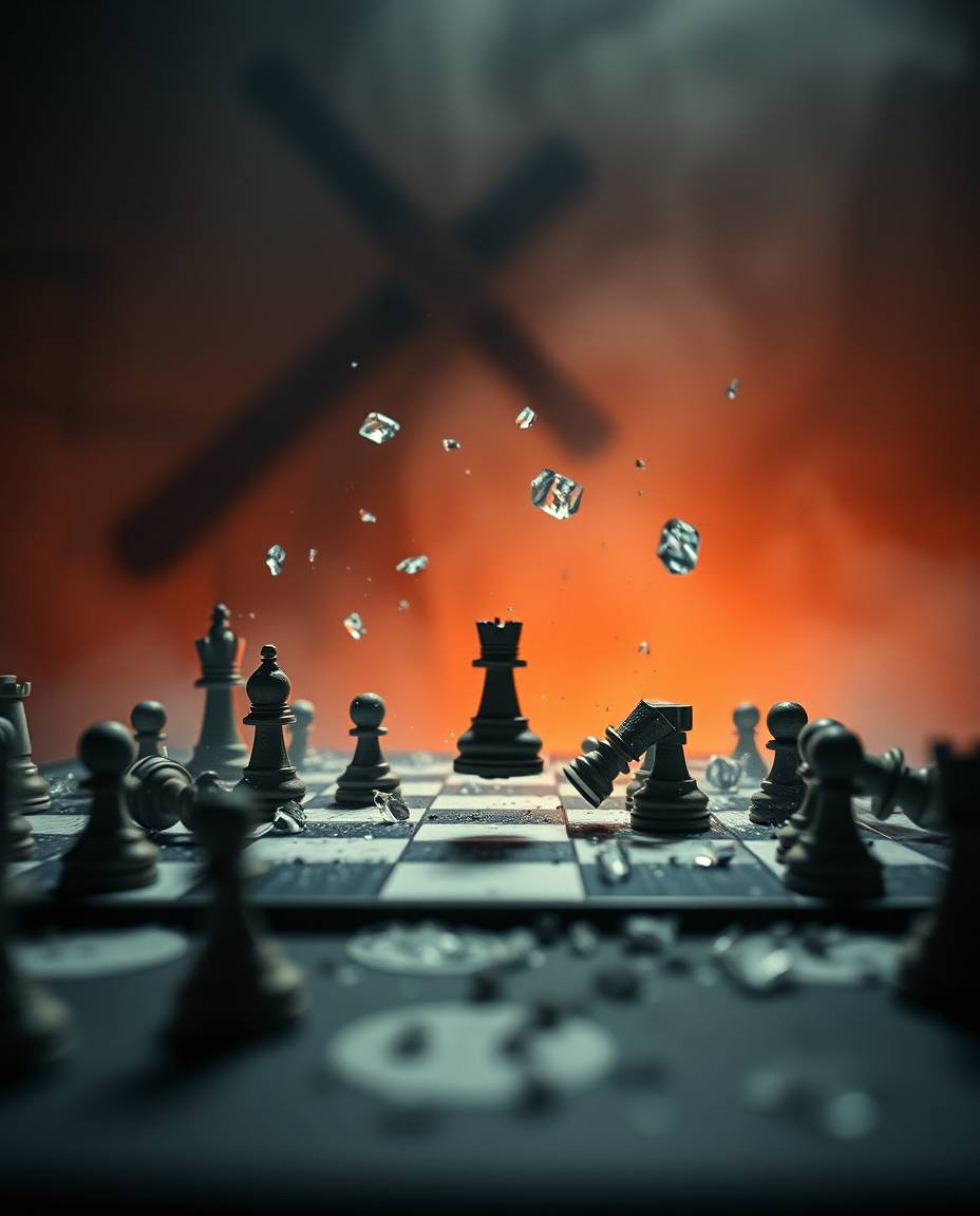 This stunning fine art photograph captures a chessboard in a state of dynamic, frozen destruction.  Pieces are suspended mid-