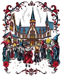 This vibrant, retro-style traditional tattoo art print showcases a magical school teeming with young wizards. The design boas