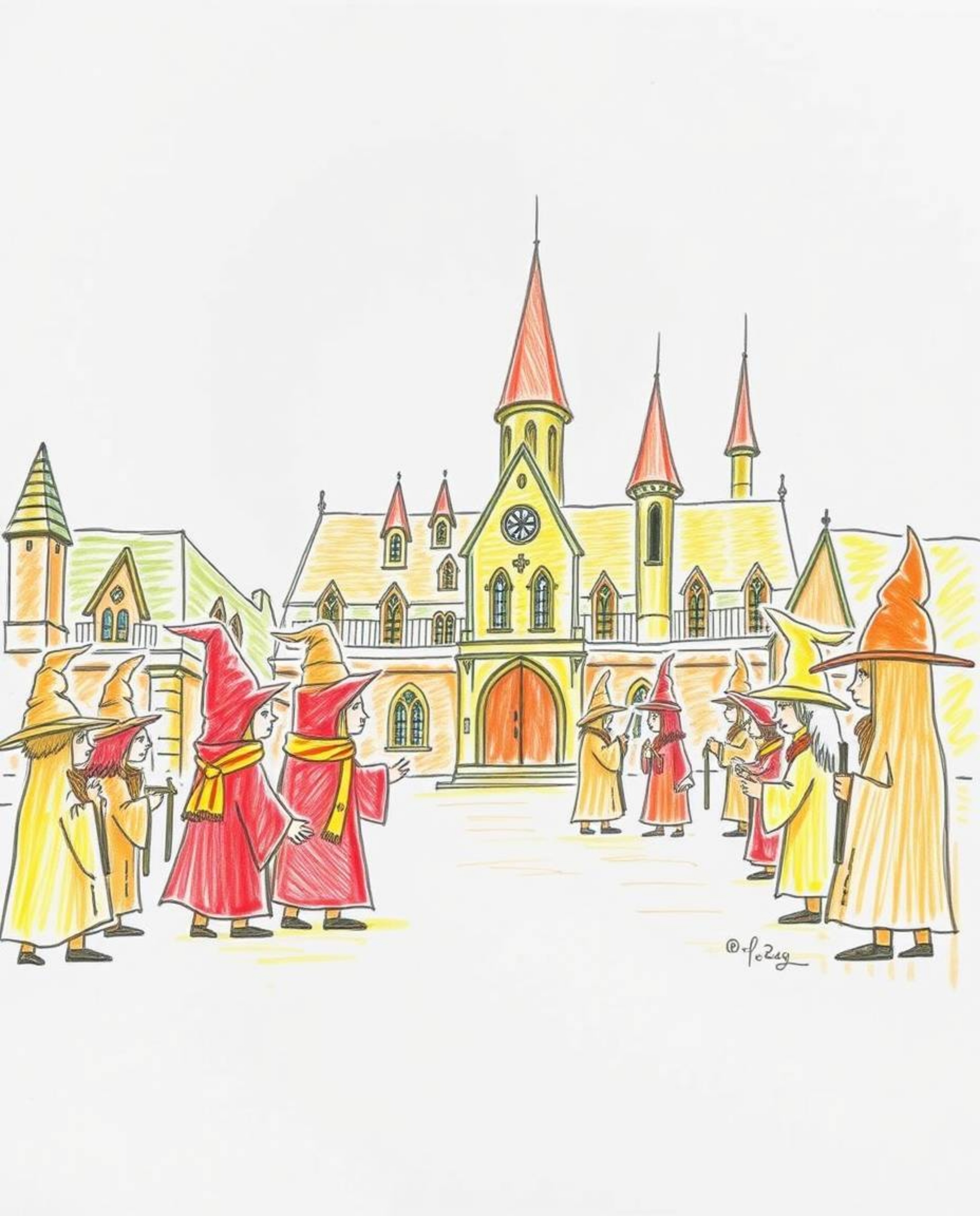 A captivating hand-drawn sketch depicts a magical school brimming with young wizards.  Rendered in warm reds, oranges, and ye