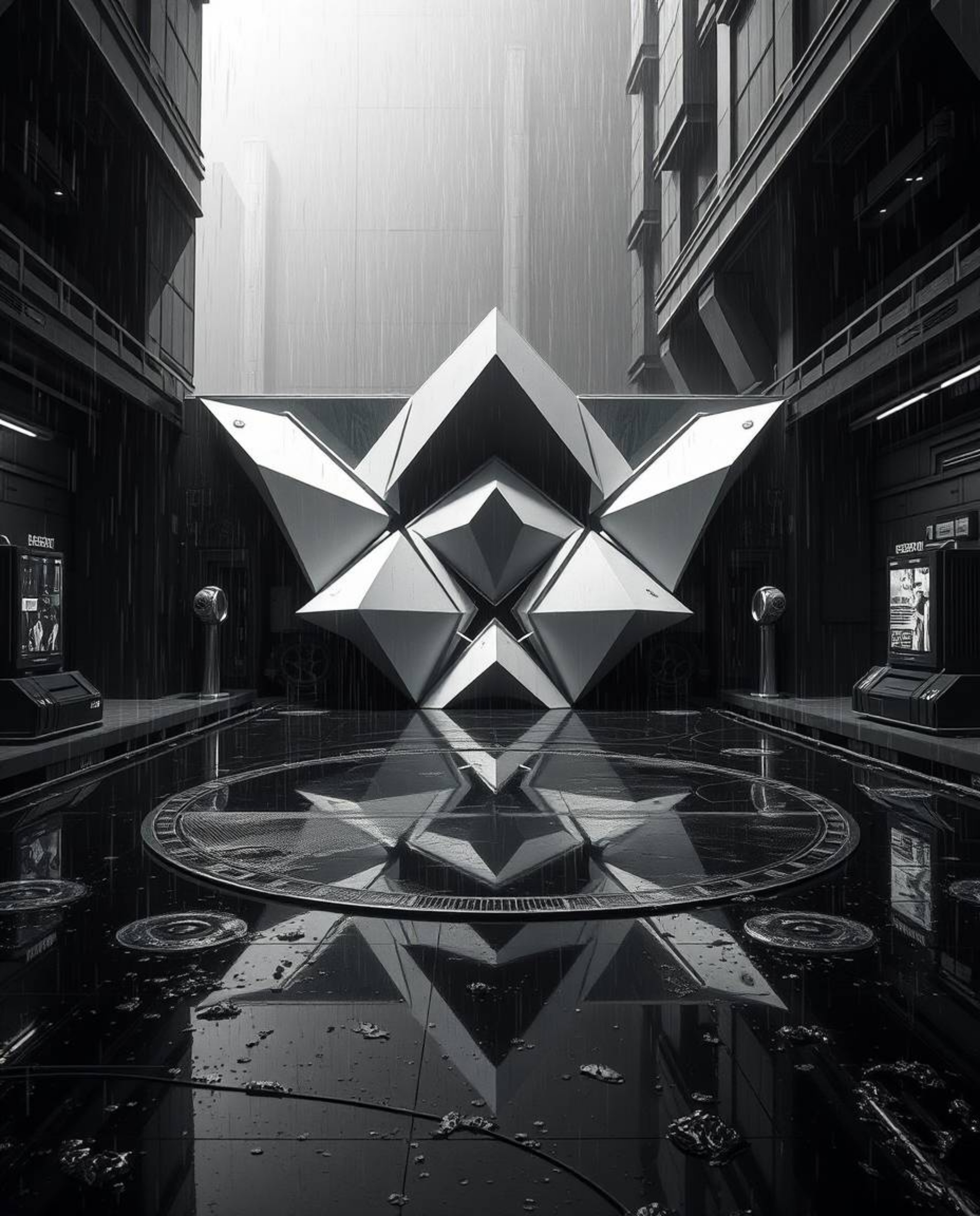 Immerse yourself in a futuristic sci-fi scene rendered in striking monochrome, showcasing a complex 3D geometric pattern remi