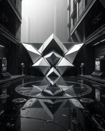 Immerse yourself in a futuristic sci-fi scene rendered in striking monochrome, showcasing a complex 3D geometric pattern remi