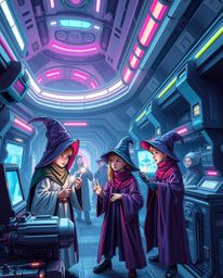 Immerse yourself in a futuristic sci-fi world where a magical school nurtures young wizards who interact with advanced techno