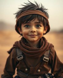 A professional, fine art photograph capturing an adorable and charming Disney-style brave hero on a desert adventure. The ima