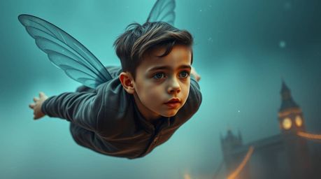 A captivating image depicts a young boy with refined features, soaring through the dense fog enveloping London. Swirls of pix