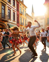 A dynamic depiction of a musical number set in a bright town square, bathed in warm golden hour light.  The scene is filled w