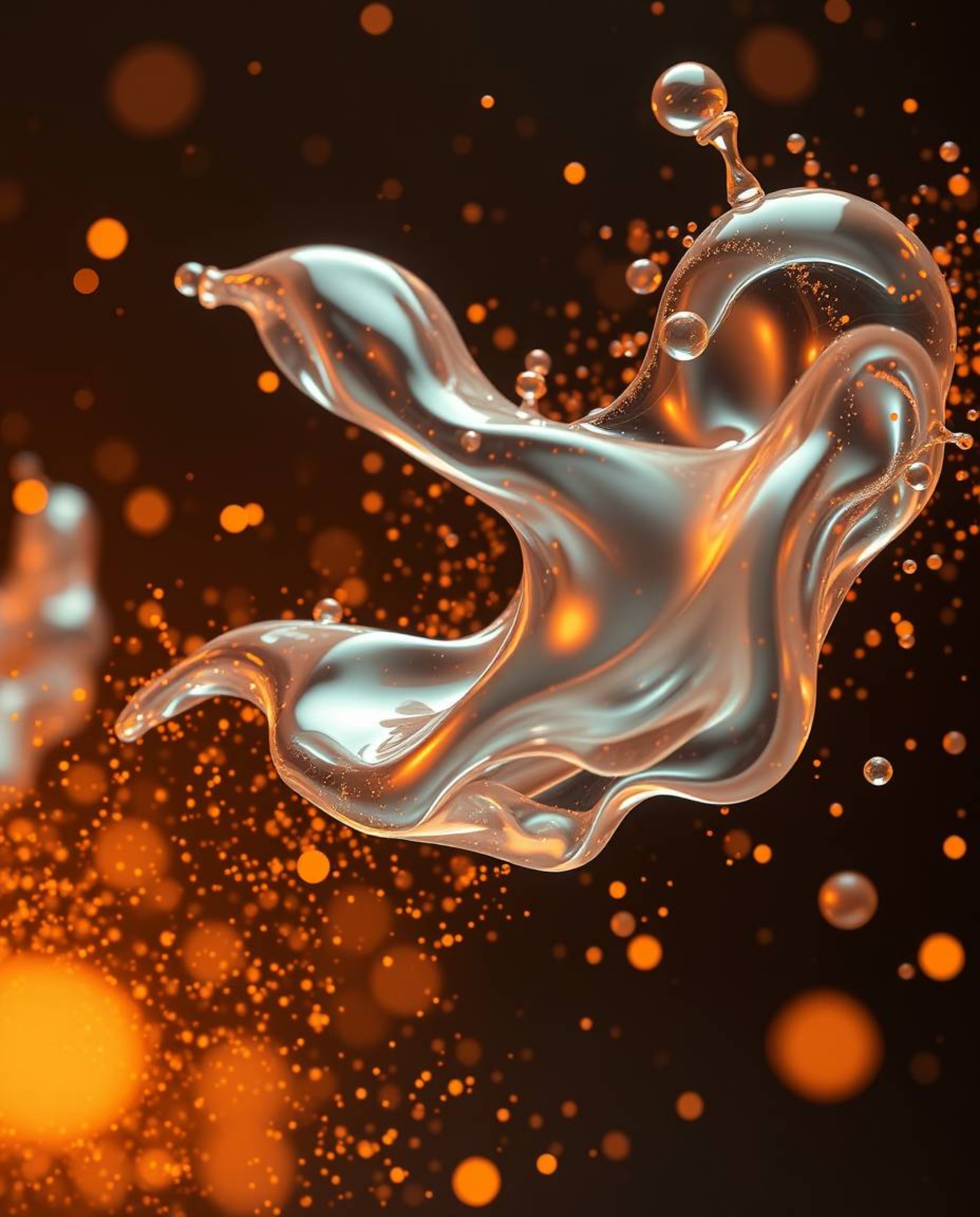 This captivating photograph showcases glassy fluid 3D shapes in dynamic motion, enveloped by a mesmerizing cloud of glowing p