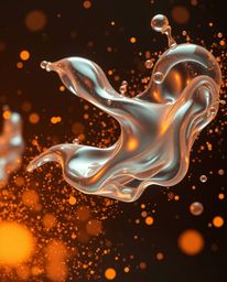 This captivating photograph showcases glassy fluid 3D shapes in dynamic motion, enveloped by a mesmerizing cloud of glowing p