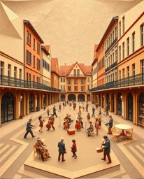 A captivating image depicting a musical number unfolding in a vibrant town square. The intricate design utilizes an origami