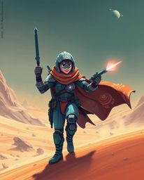 A brave, Disney-style hero embarks on a futuristic desert adventure in this vibrant sci-fi illustration. Rich teal colors, a