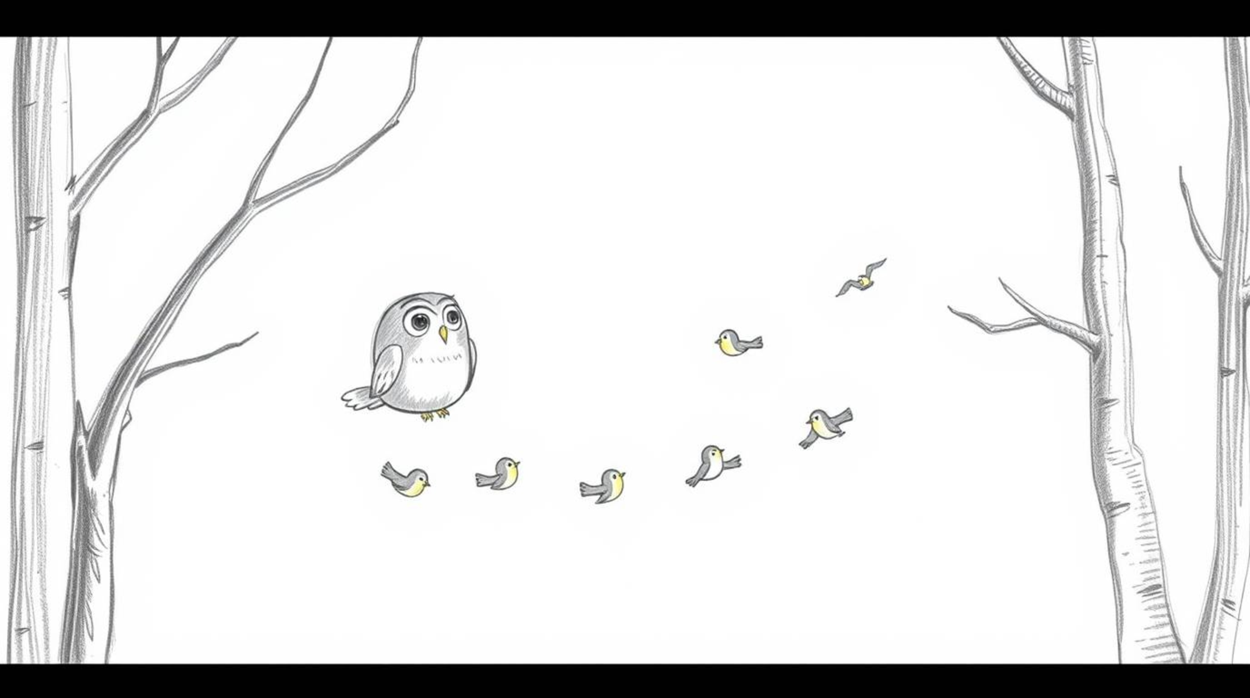 A whimsical hand-drawn sketch in the style of Pixar depicts a blind owl gracefully gliding between trees, mentoring a flock o