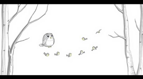 A whimsical hand-drawn sketch in the style of Pixar depicts a blind owl gracefully gliding between trees, mentoring a flock o