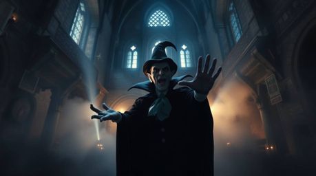 A captivating bird's-eye view of a classic Disney villain casting a spell within the atmospheric confines of an ancient castl