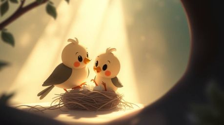A charming animation depicting two cartoon birds constructing a nest.  Rendered in a classic animation style with gentle, dif