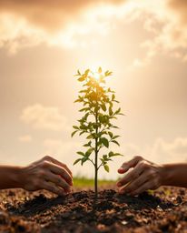 A stunning high-resolution stock photo depicting hands gently planting a tree against a breathtaking golden sunset sky. This 