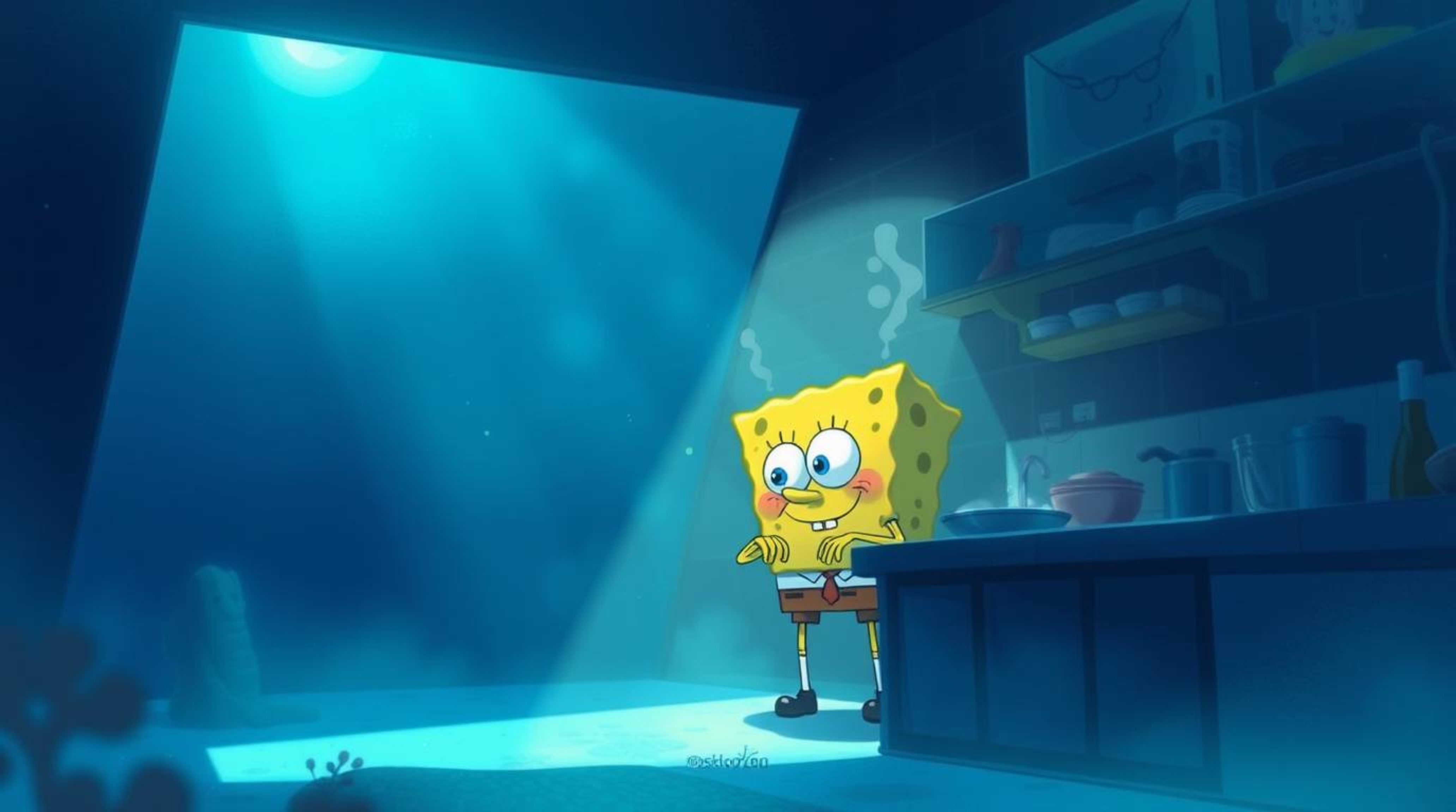 Immerse yourself in a dreamy, soft-lit illustration showcasing a sponge character passionately cooking within a hazy, atmosph