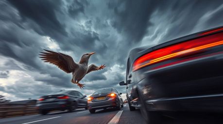 A captivating image showcasing a fast-running bird speeding past traffic, viewed from a low-angle perspective. The scene is s