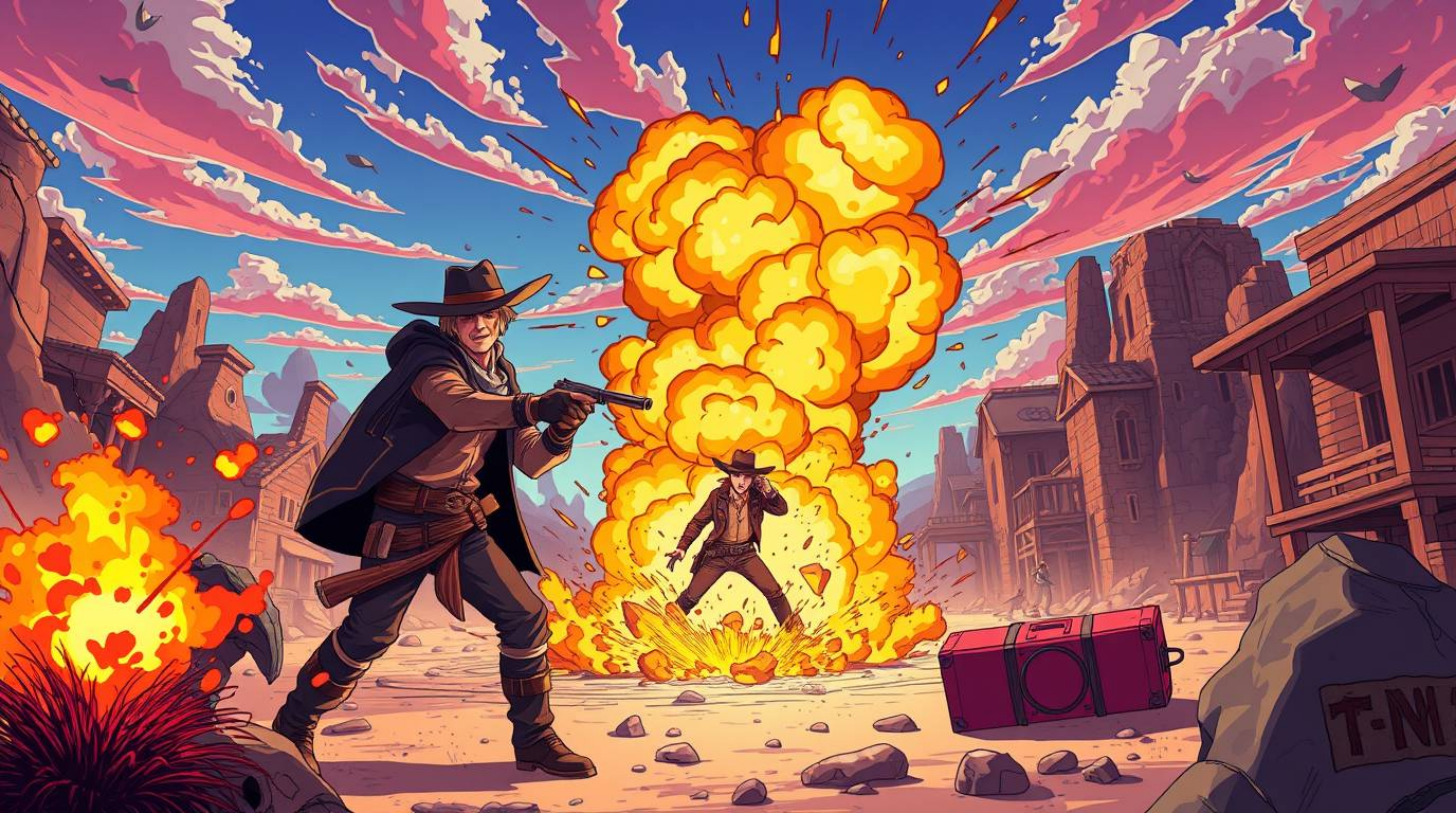 Experience a unique blend of genres with an Isekai anime style illustration of a classic exploding TNT gag set in the Wild We