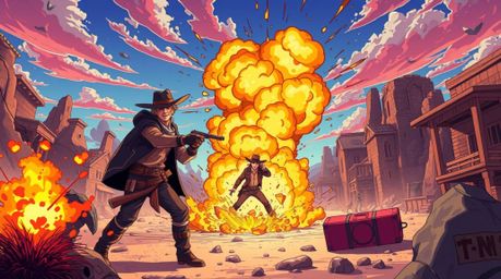 Experience a unique blend of genres with an Isekai anime style illustration of a classic exploding TNT gag set in the Wild We