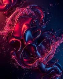 Experience a dreamlike, surreal scene featuring glassy fluid 3D shapes in motion, beautifully rendered from an overhead bird'