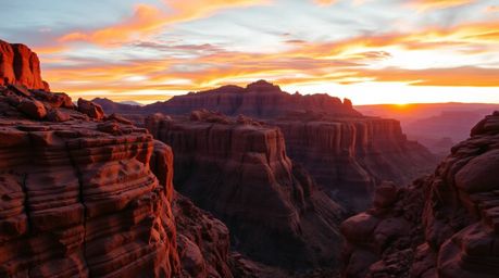 A stunning wide-angle photograph captures a rocky canyon ablaze with the vibrant colors of sunset.  Sharp architectural detai