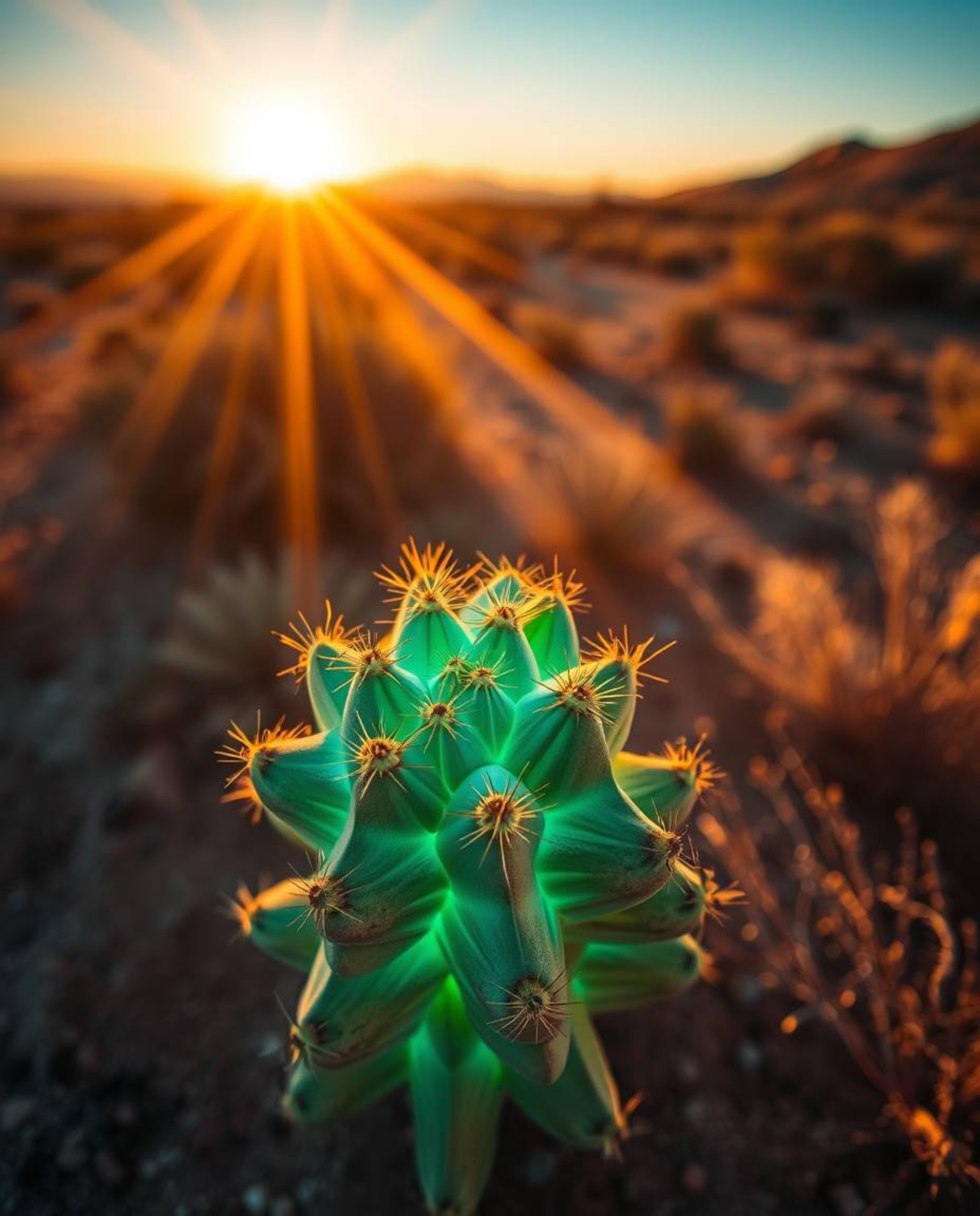 An overhead, top-down perspective captures a stunning bioluminescent desert cactus glowing in the last rays of the sun. This 