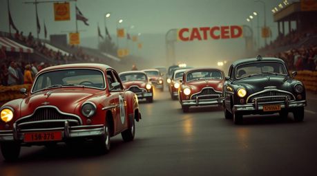 This unusual fine art photograph captures a wacky racing scene featuring outlandish cars.  The image boasts a professional, w