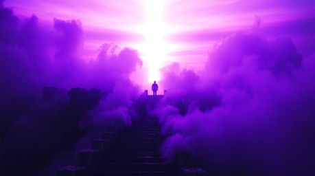 A captivating image depicts a lone figure ascending a stone staircase bathed in divine light.  Surrounding the figure is a dr