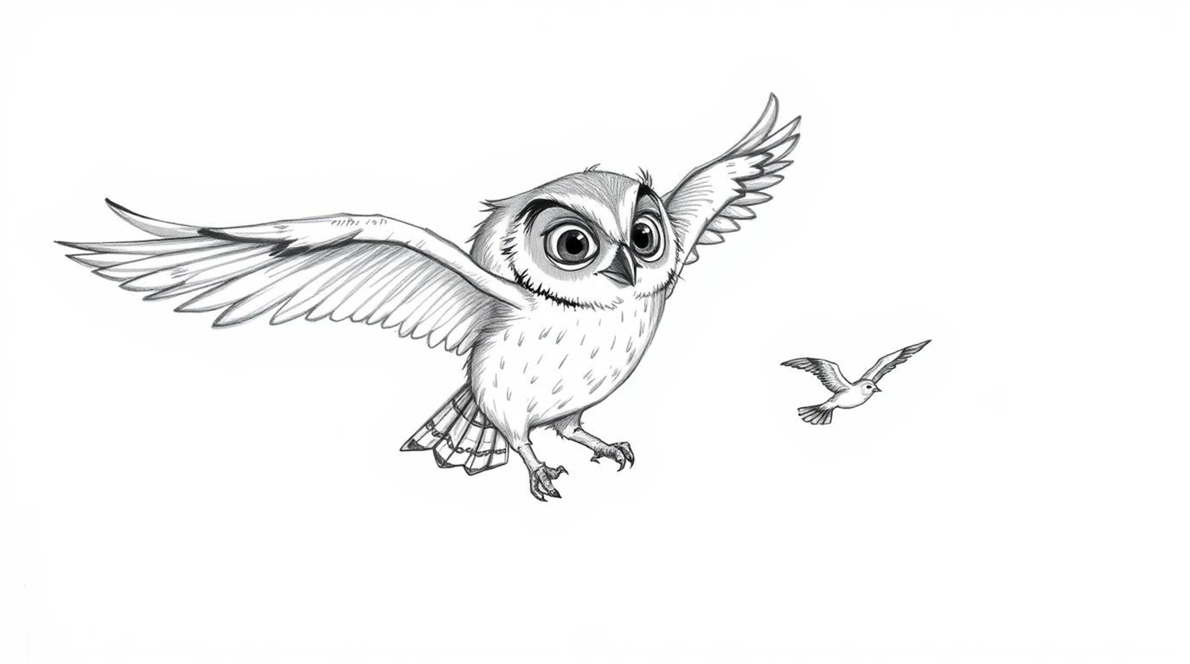A heartwarming hand-drawn sketch in the style of Pixar depicts a blind owl, in flight, patiently teaching small birds to fly.