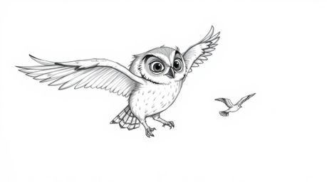 A heartwarming hand-drawn sketch in the style of Pixar depicts a blind owl, in flight, patiently teaching small birds to fly.