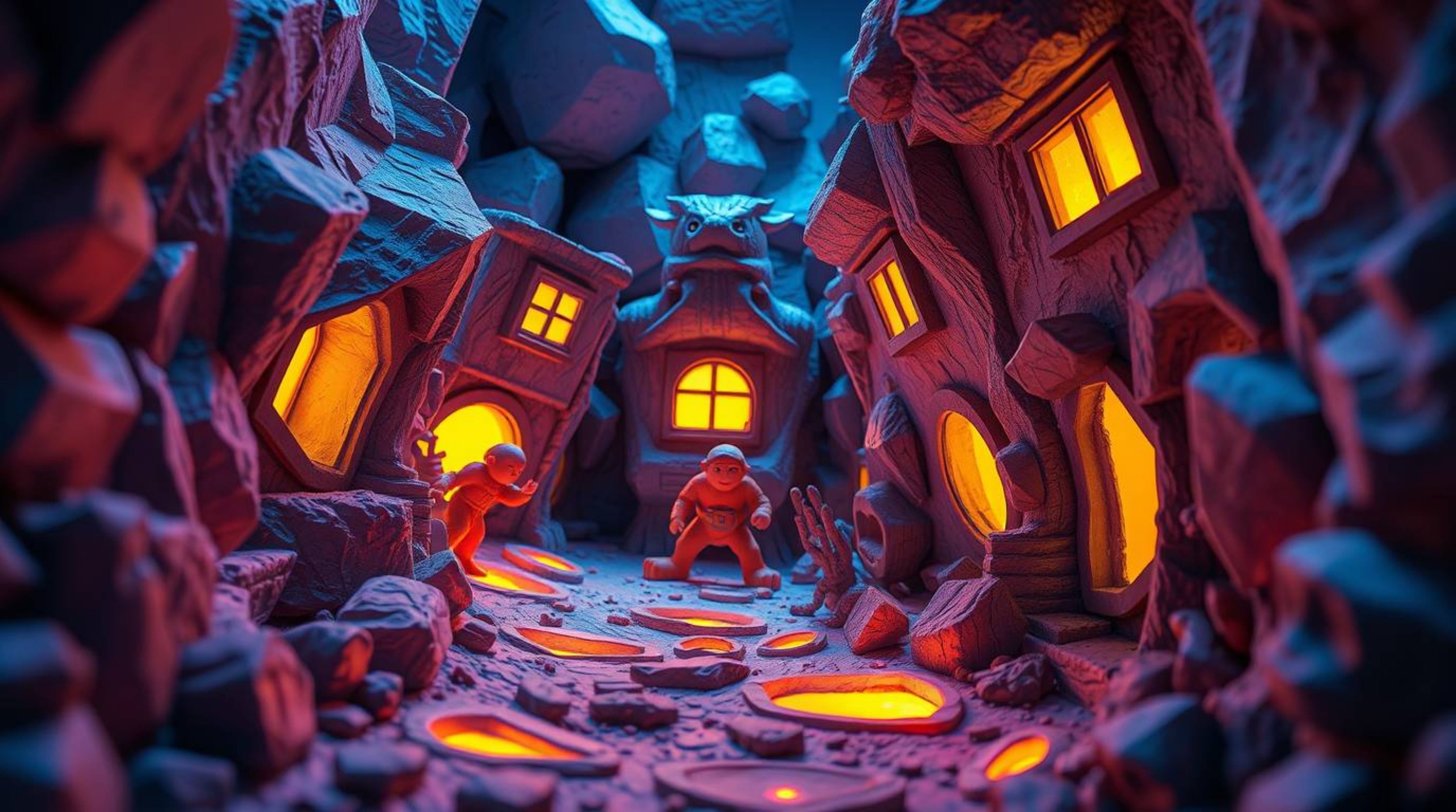 Experience a thrilling chase scene rendered in sculpted, layered papier-mâché, captured from a high-angle perspective.  The a