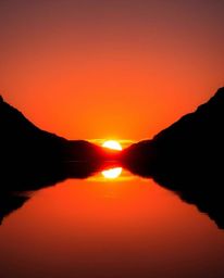 A silhouetted image captures a sunset reflected in a glassy fjord. The scene is defined by warm backlighting, with the light 