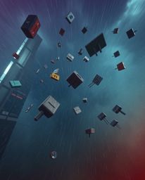 Experience a breathtaking surreal storm from a high-angle perspective, featuring flying objects defying broken gravity. The s