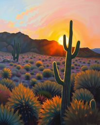 A bold, large-format acrylic painting captures a desert cactus glowing in the last rays of the sun. Set within a mystic envir