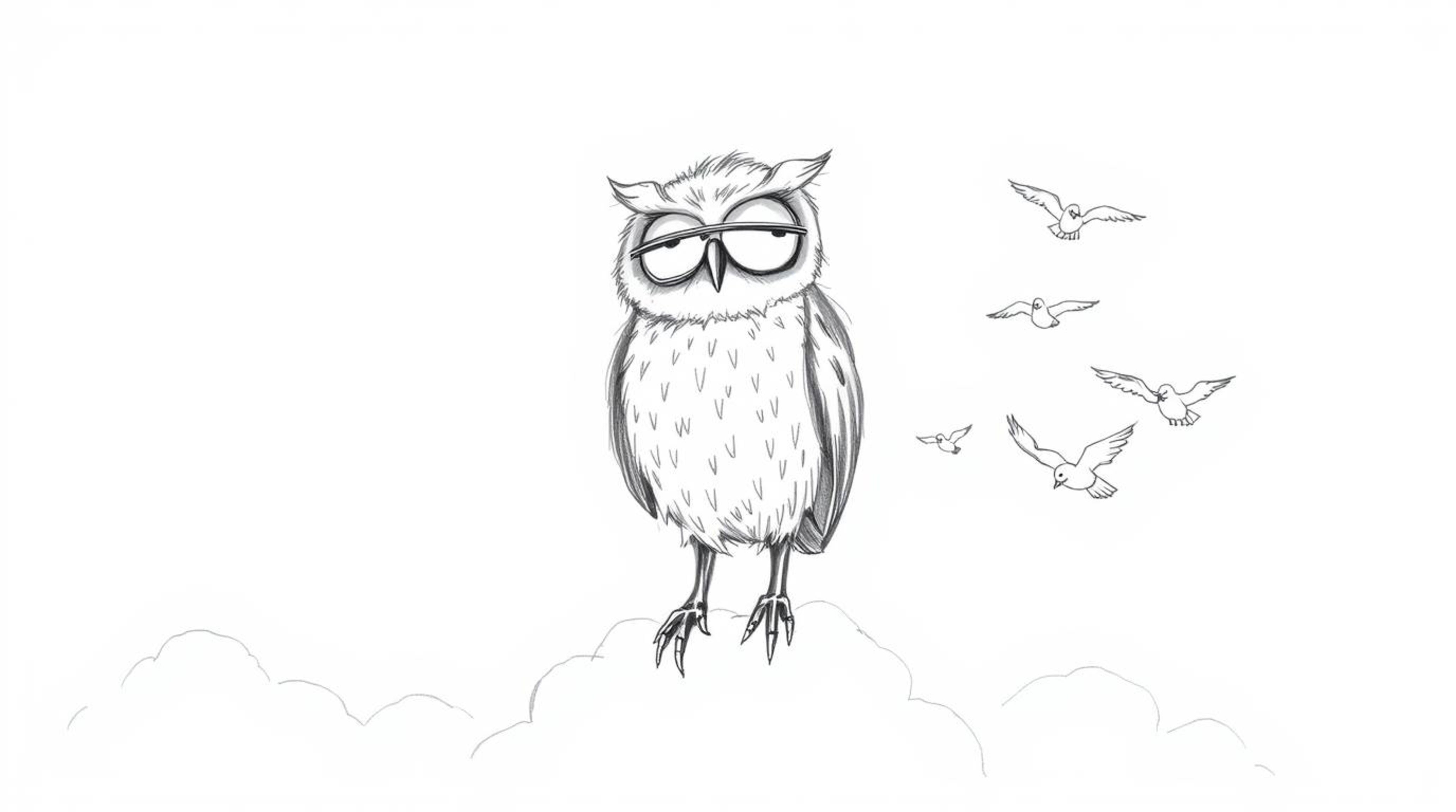 A heartwarming hand-drawn sketch in the style of Pixar depicts a blind owl, rendered with soft, feathery textures and express