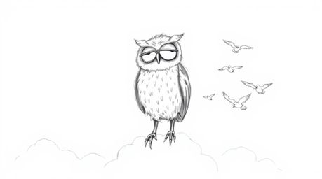 A heartwarming hand-drawn sketch in the style of Pixar depicts a blind owl, rendered with soft, feathery textures and express
