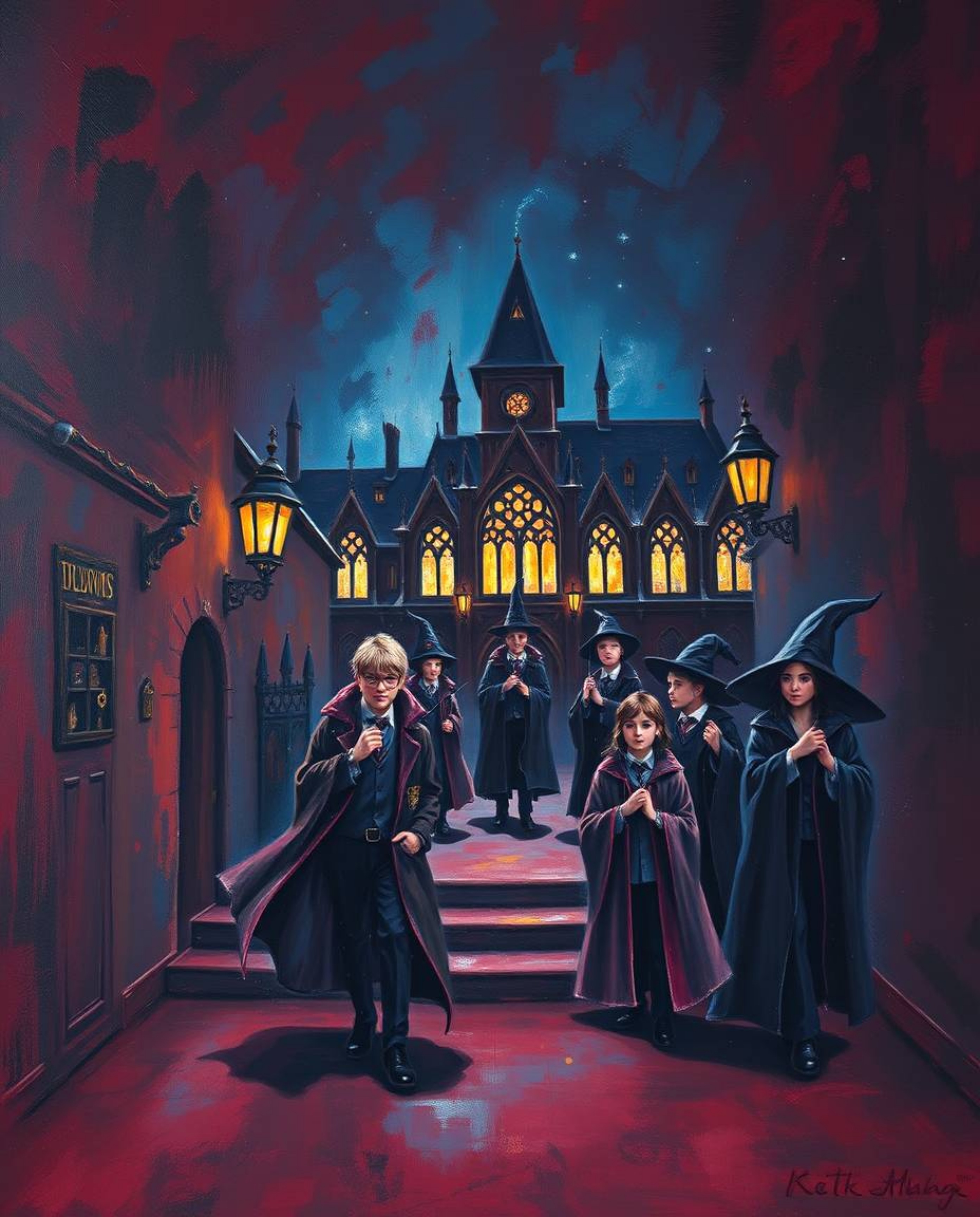 This rich burgundy and deep blue oil painting depicts a magical school teeming with young wizards. The artwork features rich 