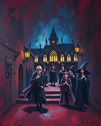 This rich burgundy and deep blue oil painting depicts a magical school teeming with young wizards. The artwork features rich 