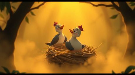 A charming animation scene depicts two cartoon birds meticulously constructing a nest. Rendered in a classic animation style