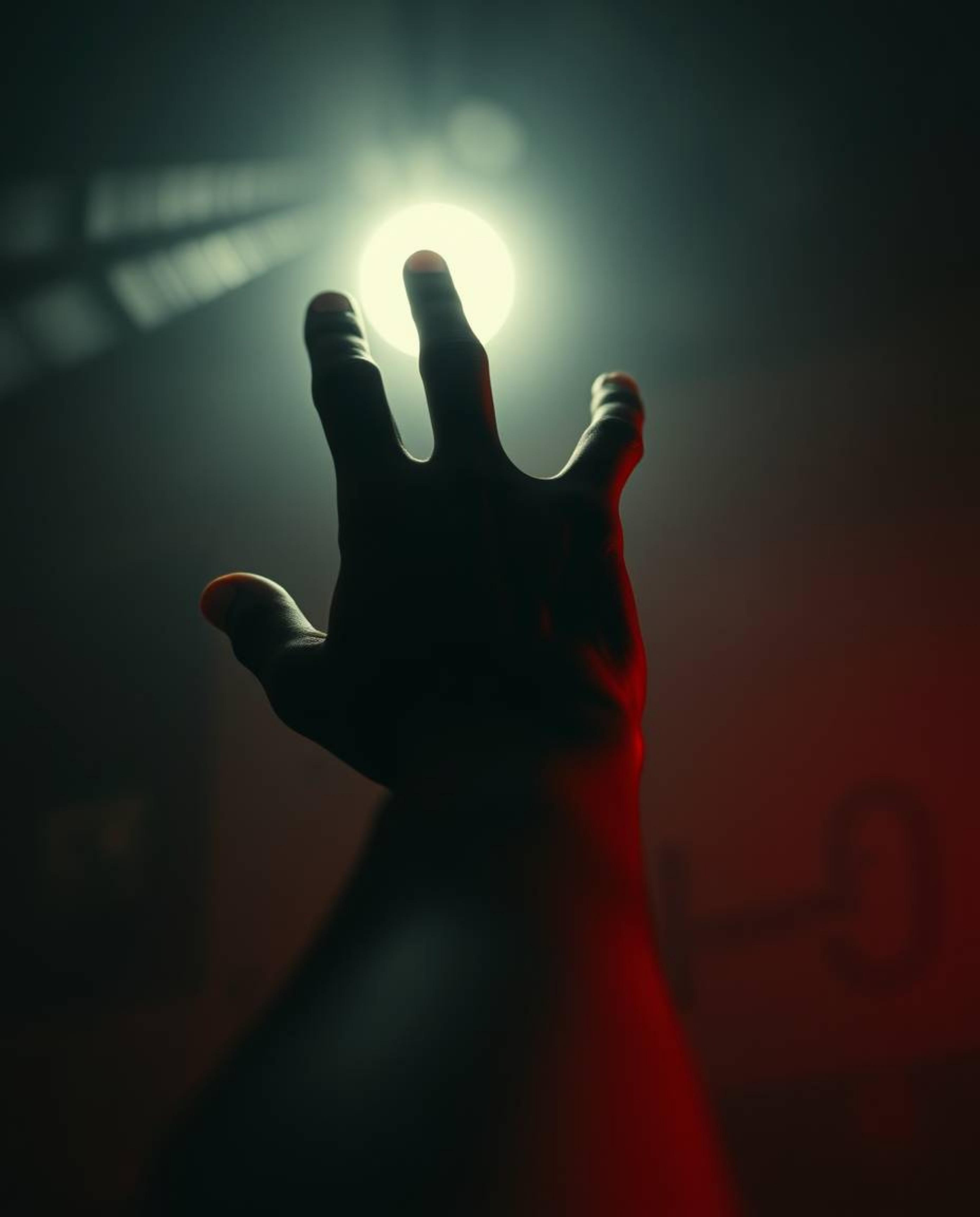 A cinematic image portraying a hand reaching towards light emerging from darkness, captured with a soft focus and hazy backgr