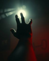 A cinematic image portraying a hand reaching towards light emerging from darkness, captured with a soft focus and hazy backgr