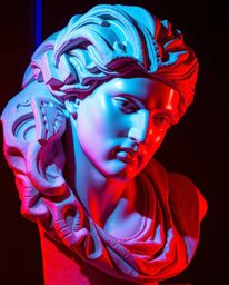 Explore a captivating blend of classical sculpture and futuristic sci-fi with vibrant glitch effects. This artwork features c